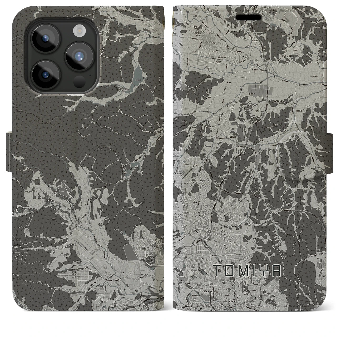 【富谷(宮城県)】地図柄iPhoneケース(手帳タイプ)モノトーン・iPhone 15 Pro Max 用