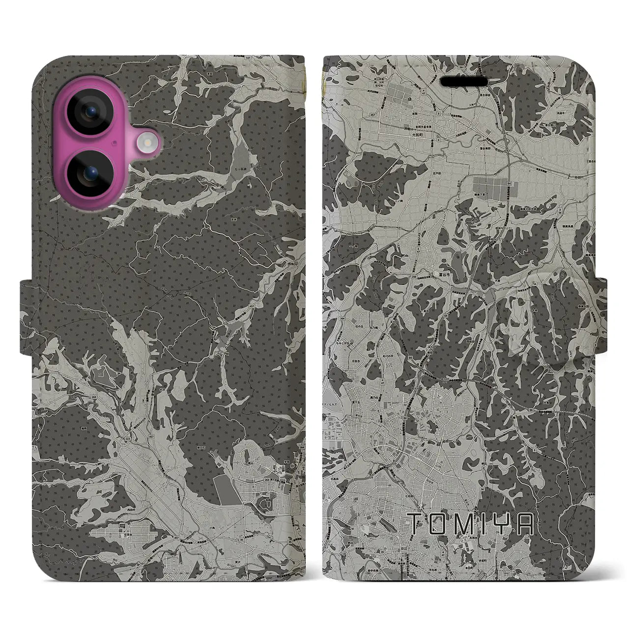 【富谷(宮城県)】地図柄iPhoneケース(手帳タイプ)モノトーン・iPhone 16 Pro 用
