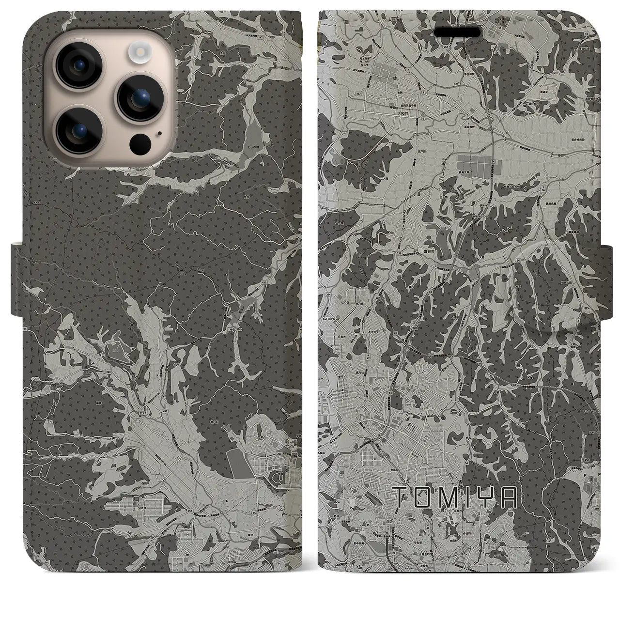 【富谷(宮城県)】地図柄iPhoneケース(手帳タイプ)モノトーン・iPhone 16 Plus 用