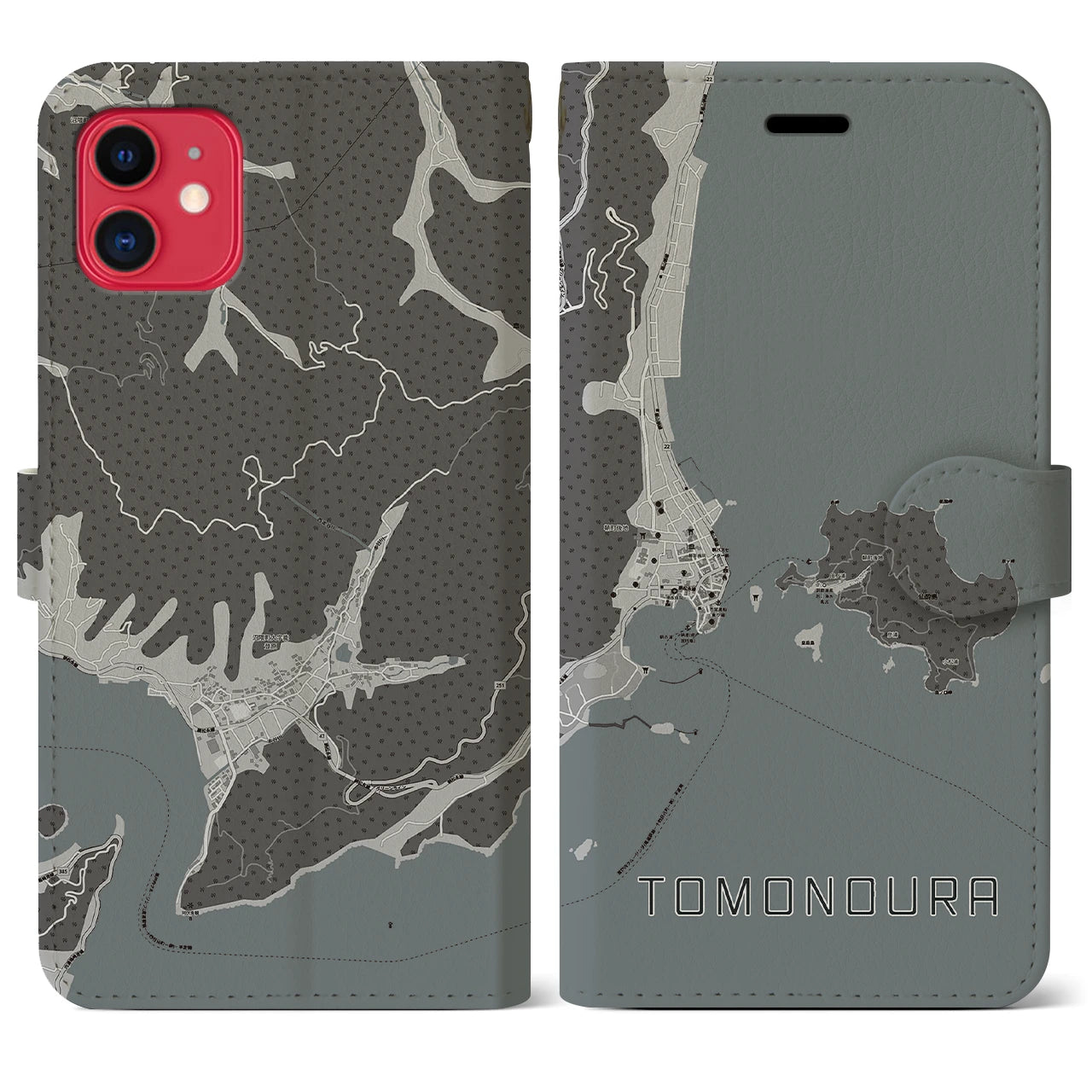 【鞆の浦(広島県)】地図柄iPhoneケース(手帳タイプ)モノトーン・iPhone 11 用