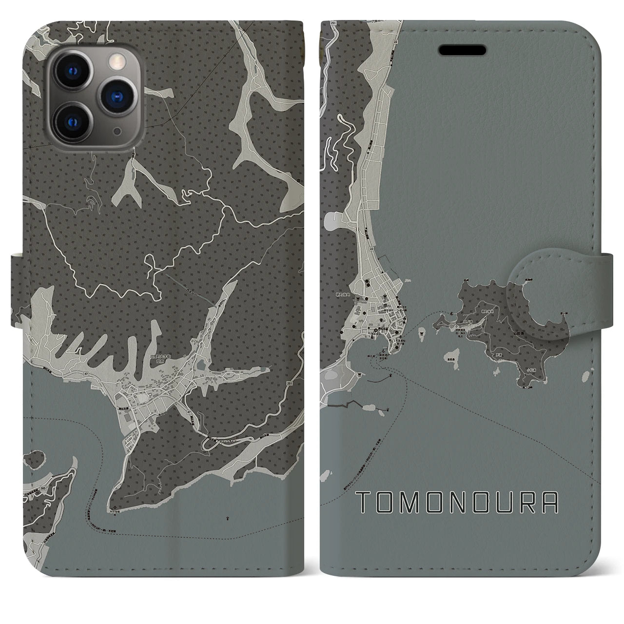 【鞆の浦(広島県)】地図柄iPhoneケース(手帳タイプ)モノトーン・iPhone 11 Pro Max 用