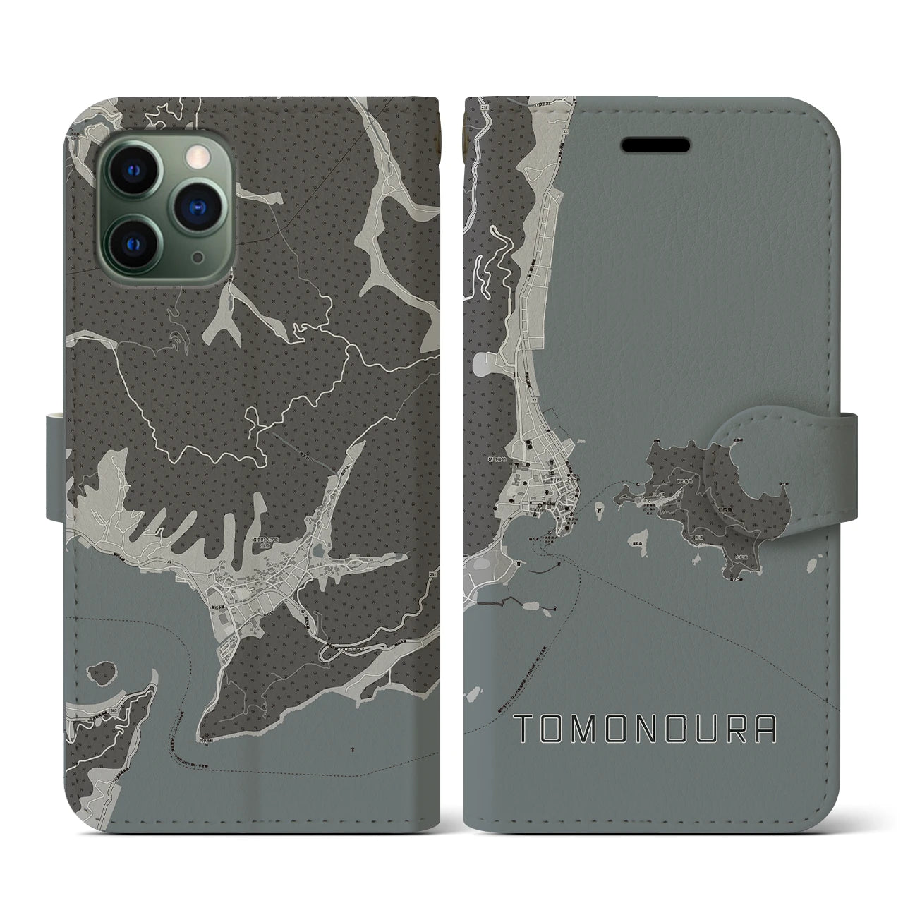 【鞆の浦(広島県)】地図柄iPhoneケース(手帳タイプ)モノトーン・iPhone 11 Pro 用