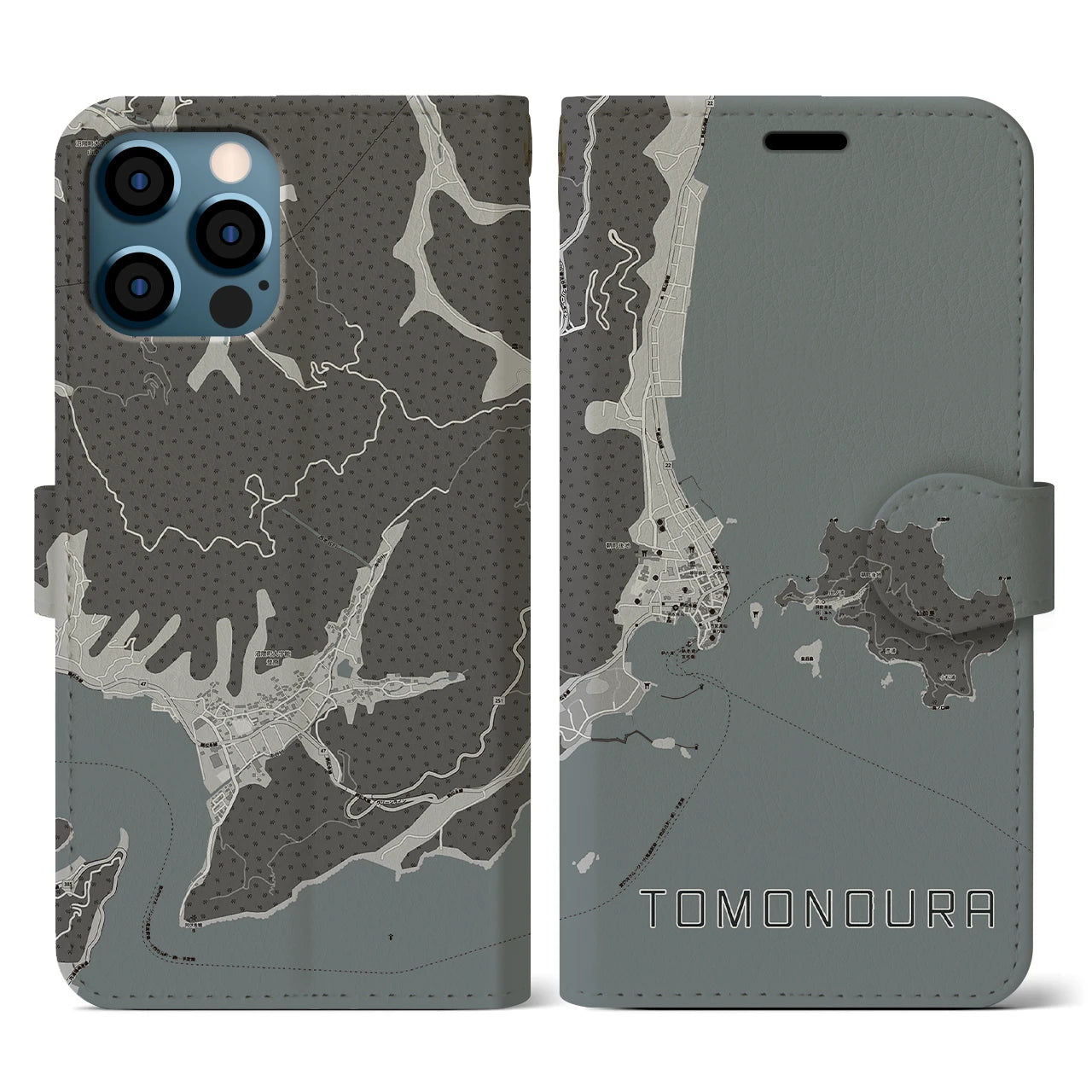 【鞆の浦(広島県)】地図柄iPhoneケース(手帳タイプ)モノトーン・iPhone 12 / 12 Pro 用