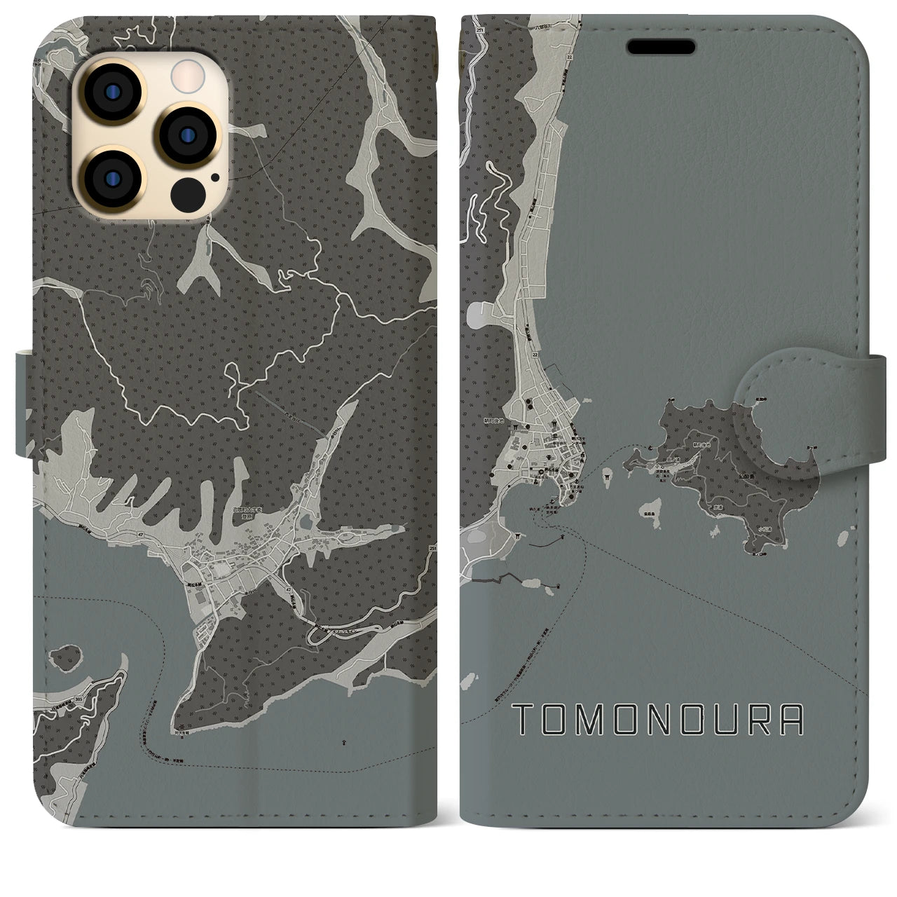 【鞆の浦(広島県)】地図柄iPhoneケース(手帳タイプ)モノトーン・iPhone 12 Pro Max 用