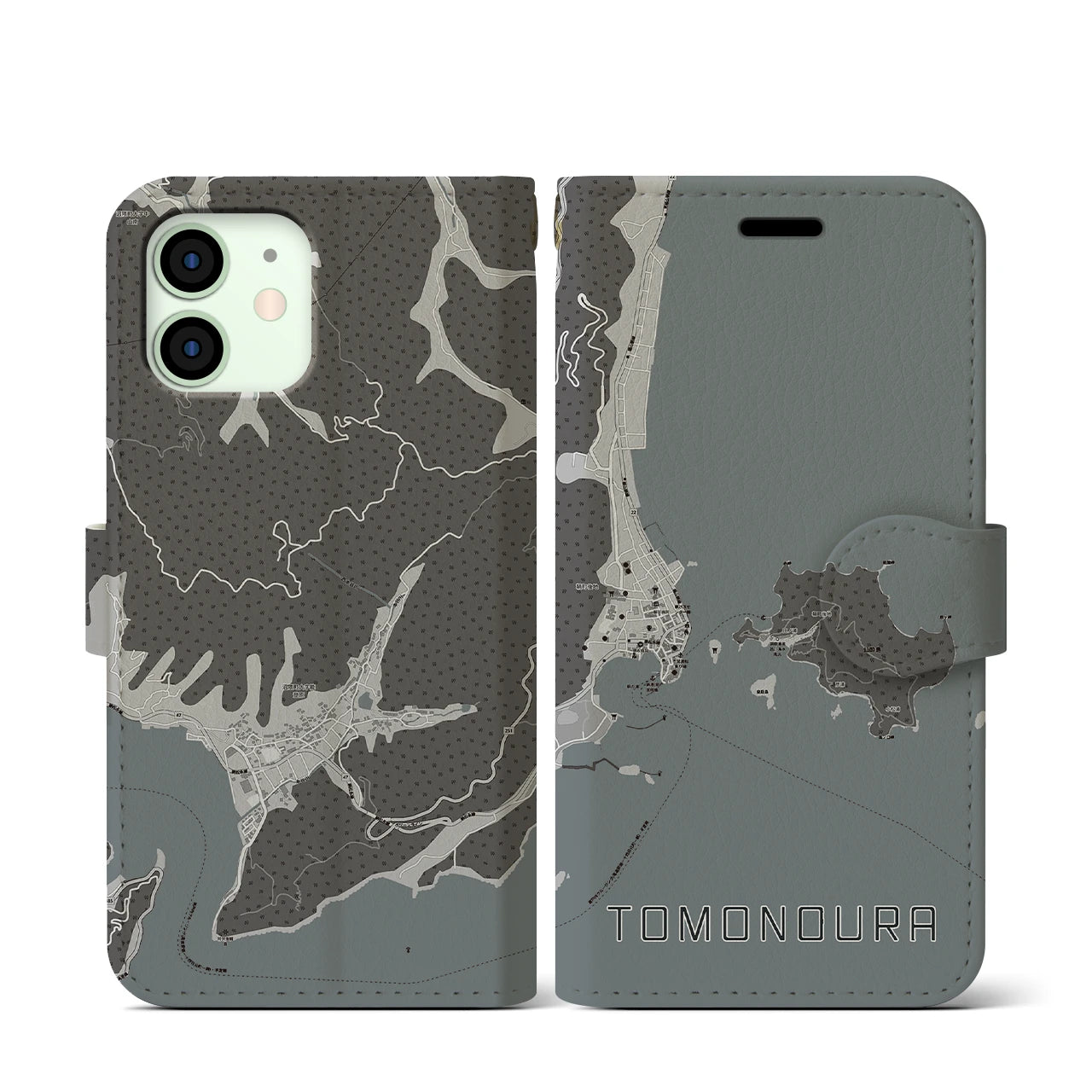 【鞆の浦(広島県)】地図柄iPhoneケース(手帳タイプ)モノトーン・iPhone 12 mini 用