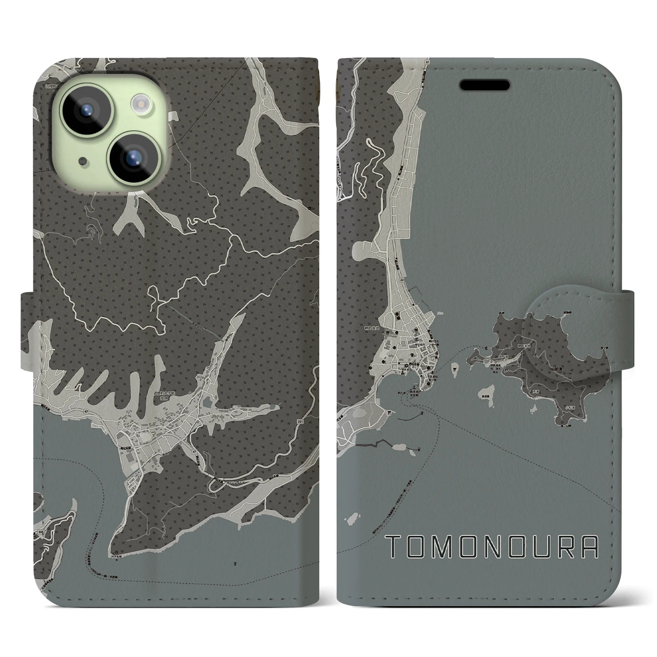 【鞆の浦(広島県)】地図柄iPhoneケース(手帳タイプ)モノトーン・iPhone 15 用