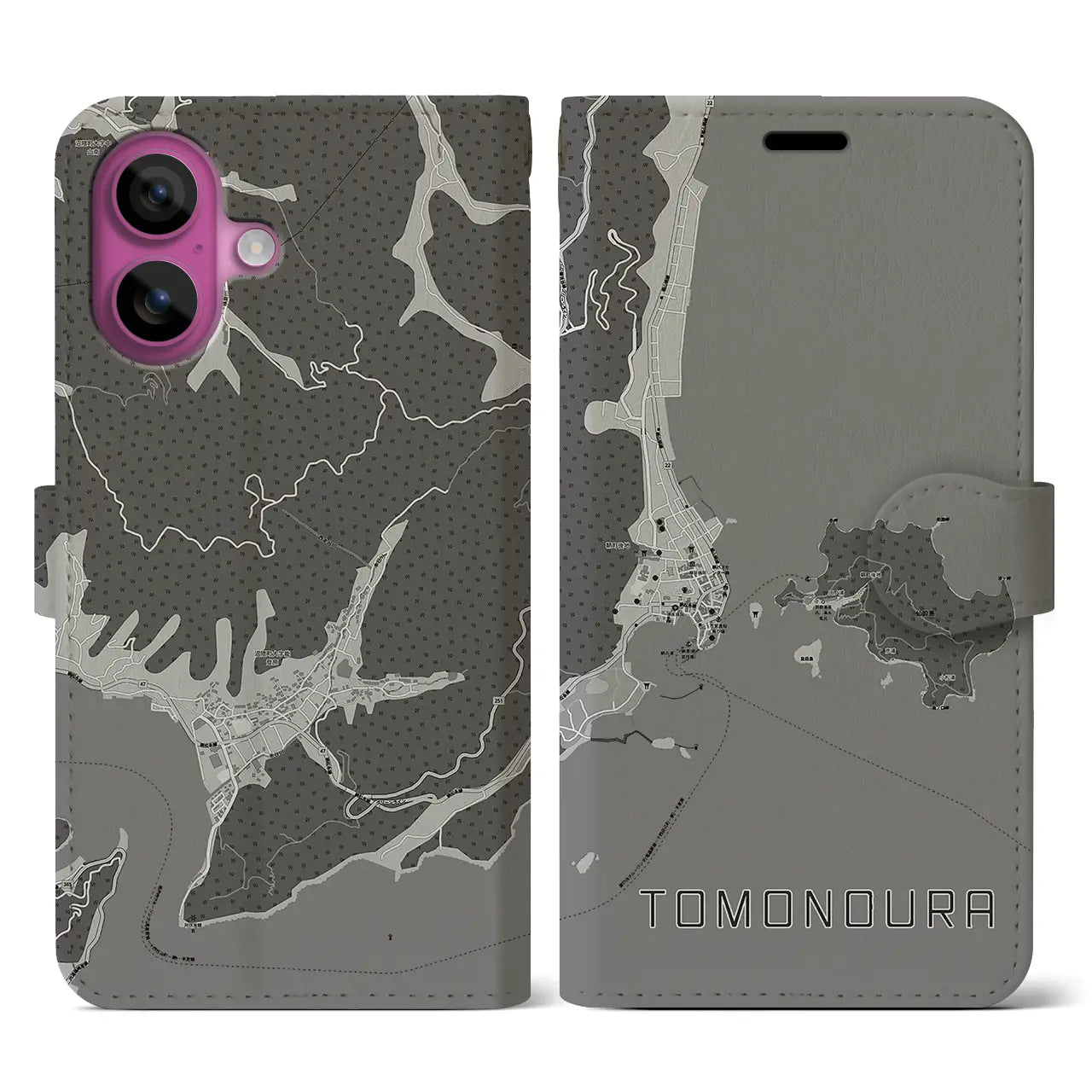 【鞆の浦(広島県)】地図柄iPhoneケース(手帳タイプ)モノトーン・iPhone 16 Pro 用