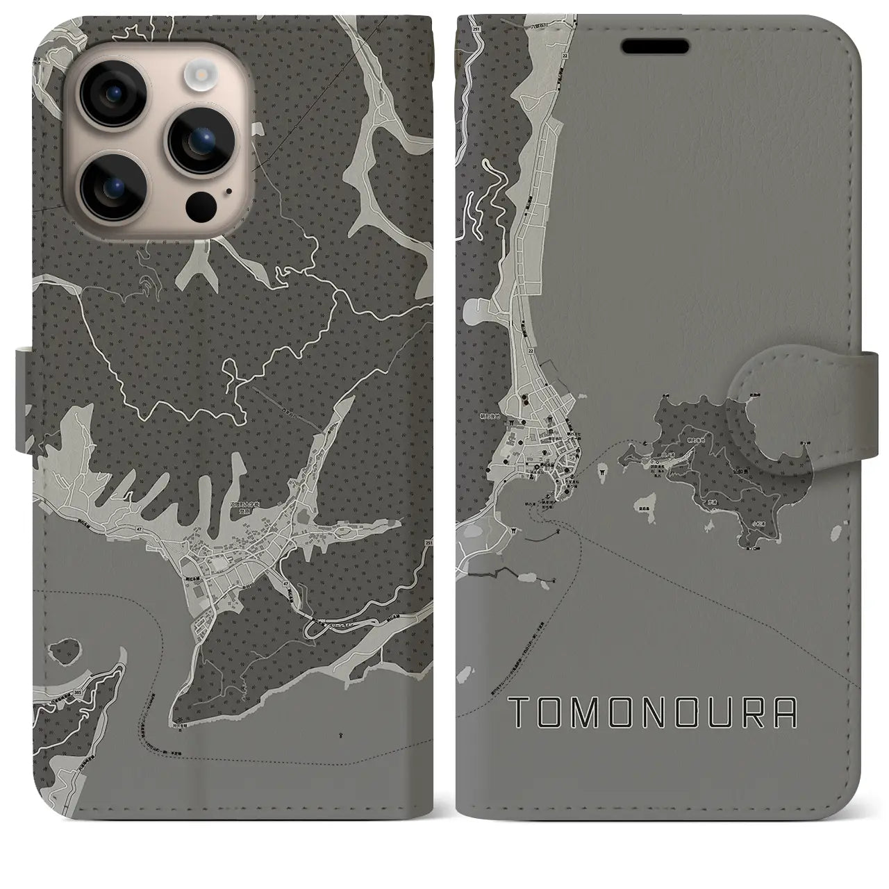 【鞆の浦(広島県)】地図柄iPhoneケース(手帳タイプ)モノトーン・iPhone 16 Plus 用