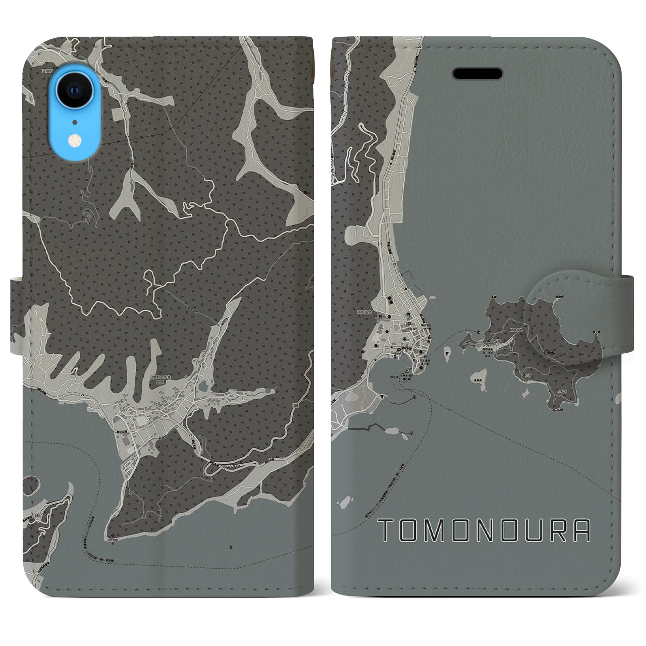 【鞆の浦(広島県)】地図柄iPhoneケース(手帳タイプ)モノトーン・iPhone XR 用