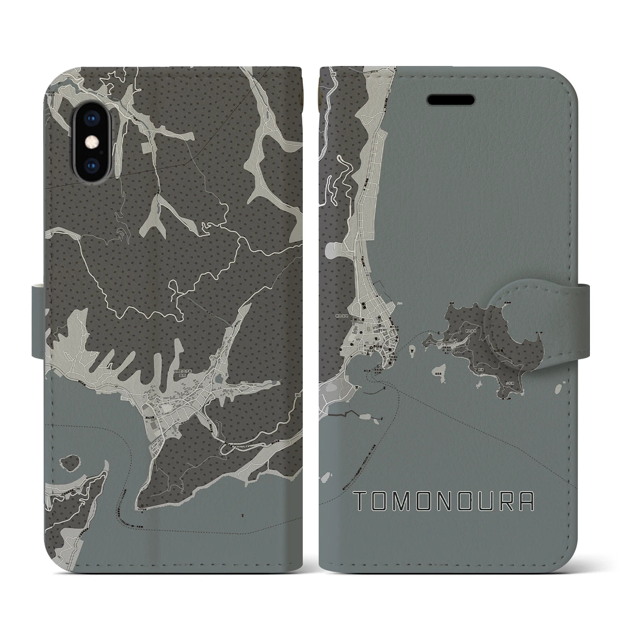 【鞆の浦(広島県)】地図柄iPhoneケース(手帳タイプ)モノトーン・iPhone XS / X 用