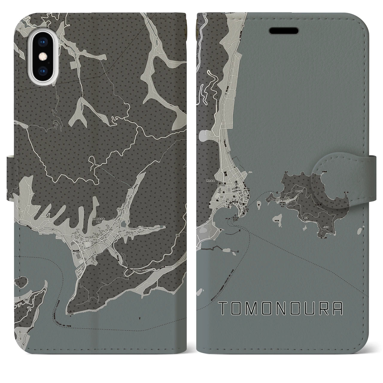 【鞆の浦(広島県)】地図柄iPhoneケース(手帳タイプ)モノトーン・iPhone XS Max 用