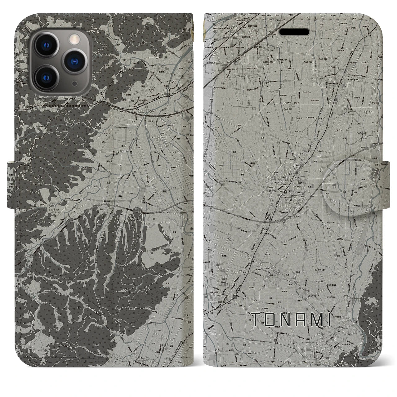 【砺波(富山県)】地図柄iPhoneケース(手帳タイプ)モノトーン・iPhone 11 Pro Max 用