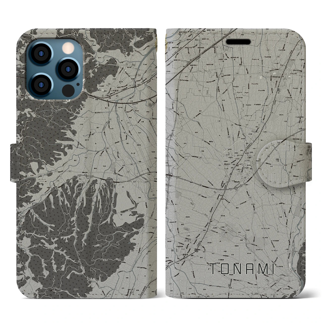 【砺波(富山県)】地図柄iPhoneケース(手帳タイプ)モノトーン・iPhone 12 / 12 Pro 用