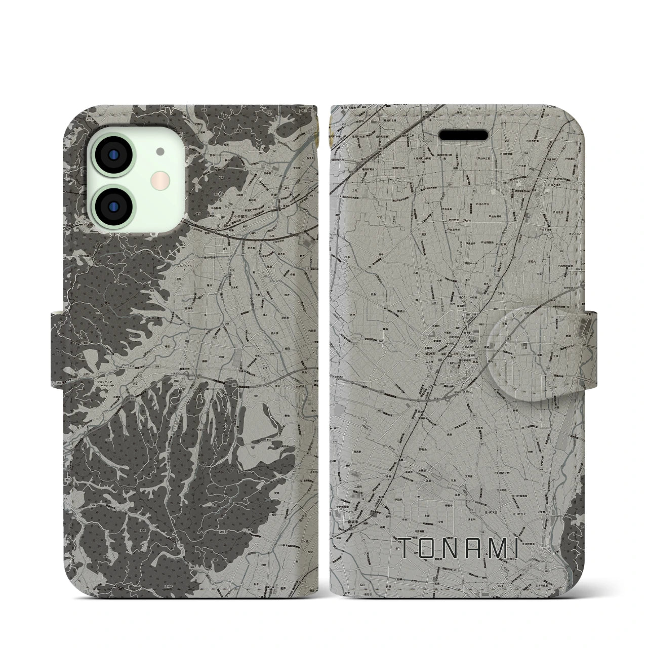【砺波(富山県)】地図柄iPhoneケース(手帳タイプ)モノトーン・iPhone 12 mini 用