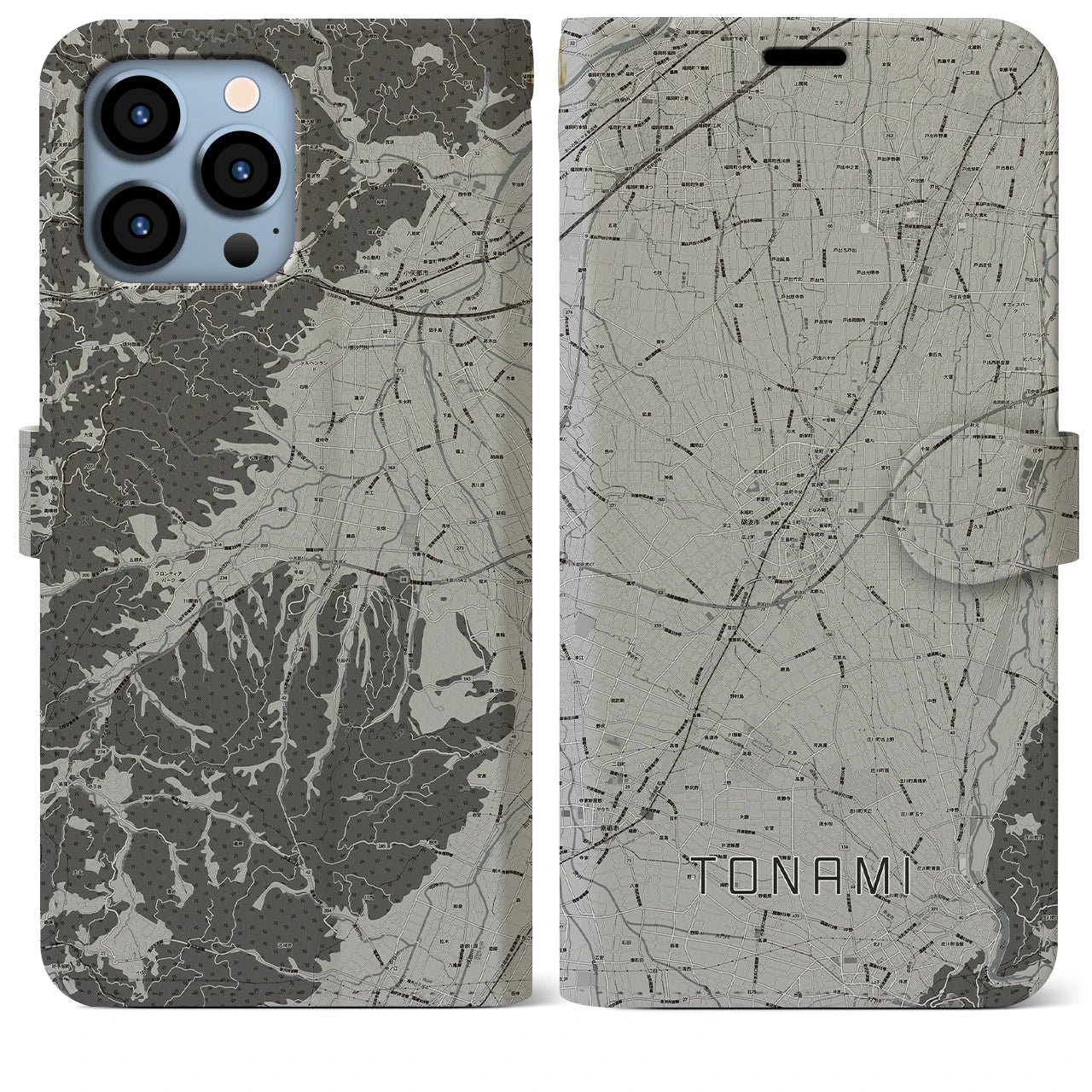 【砺波(富山県)】地図柄iPhoneケース(手帳タイプ)モノトーン・iPhone 13 Pro Max 用