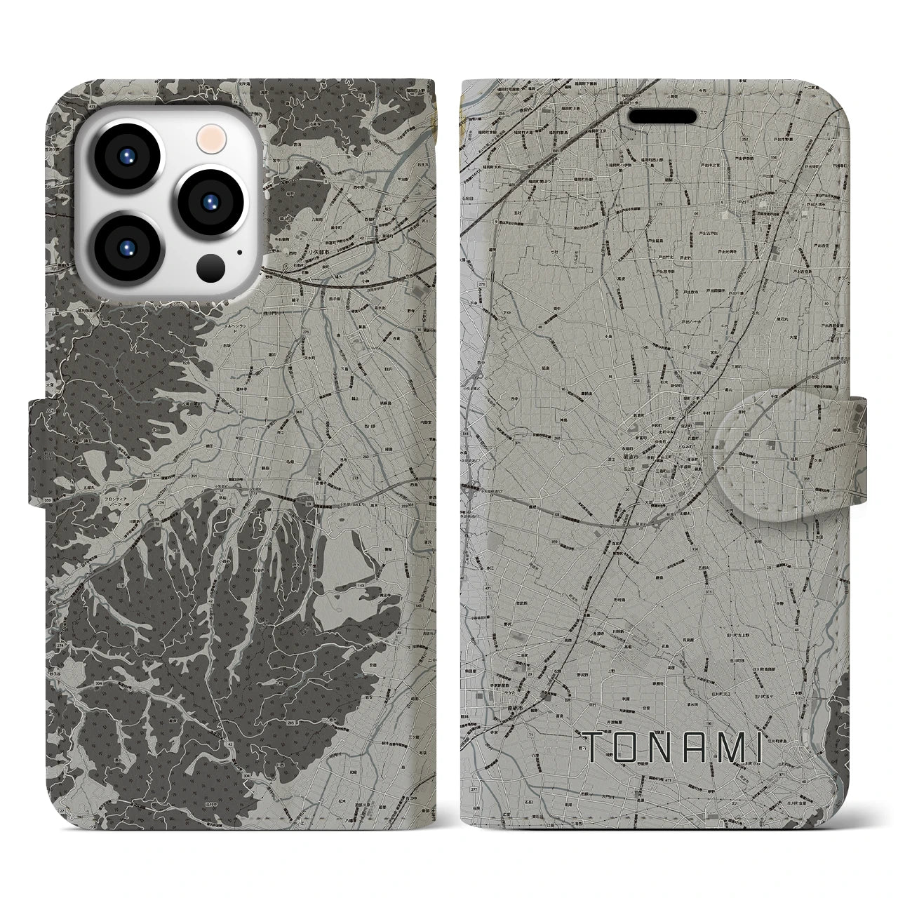 【砺波(富山県)】地図柄iPhoneケース(手帳タイプ)モノトーン・iPhone 13 Pro 用