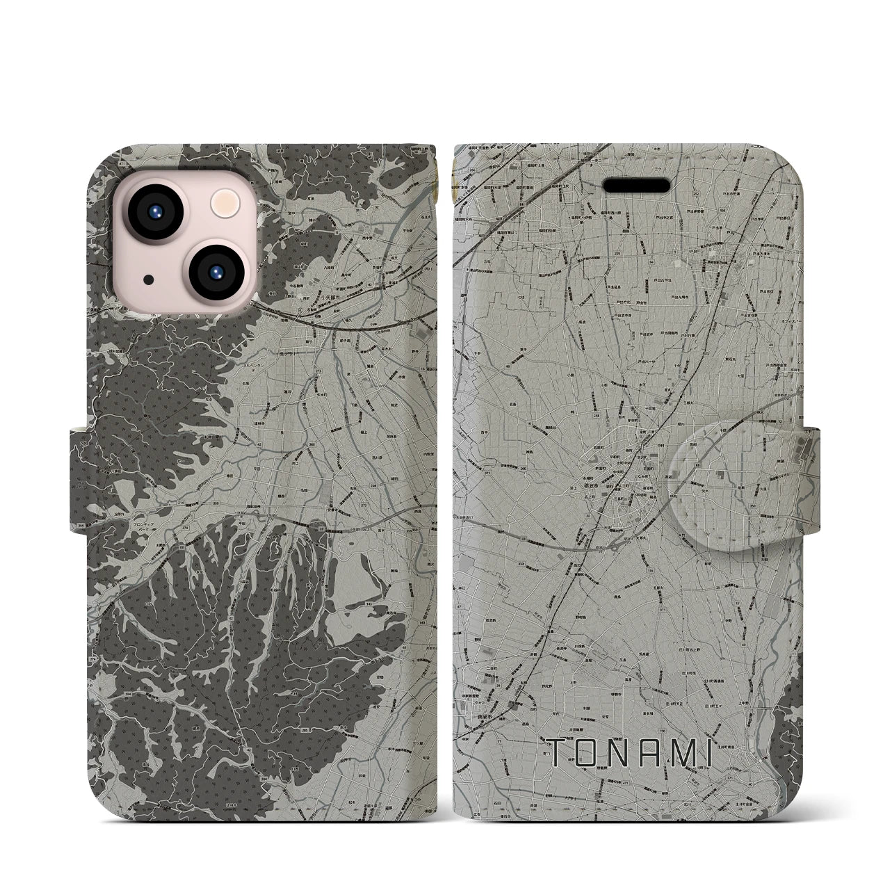 【砺波(富山県)】地図柄iPhoneケース(手帳タイプ)モノトーン・iPhone 13 mini 用
