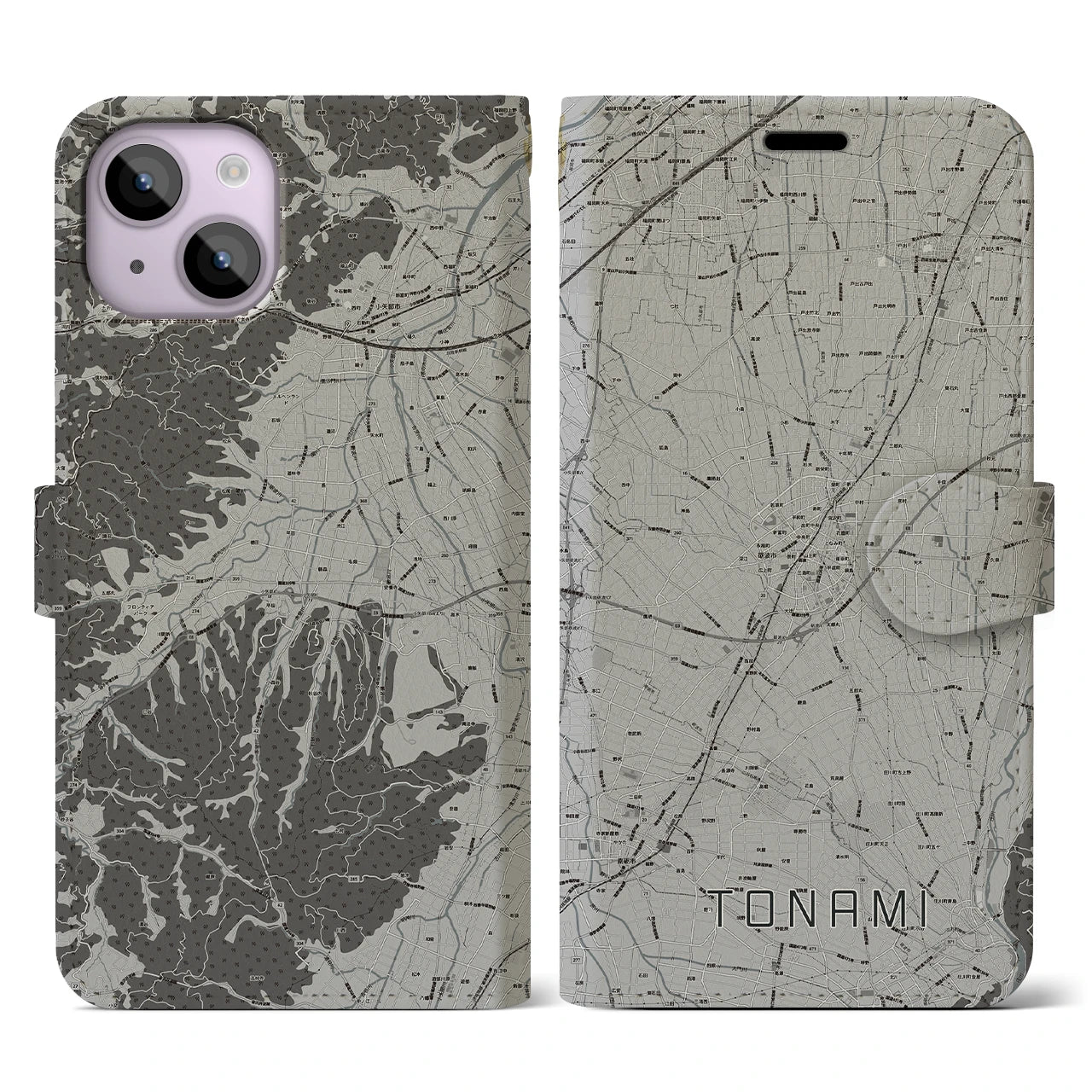 【砺波(富山県)】地図柄iPhoneケース(手帳タイプ)モノトーン・iPhone 14 用