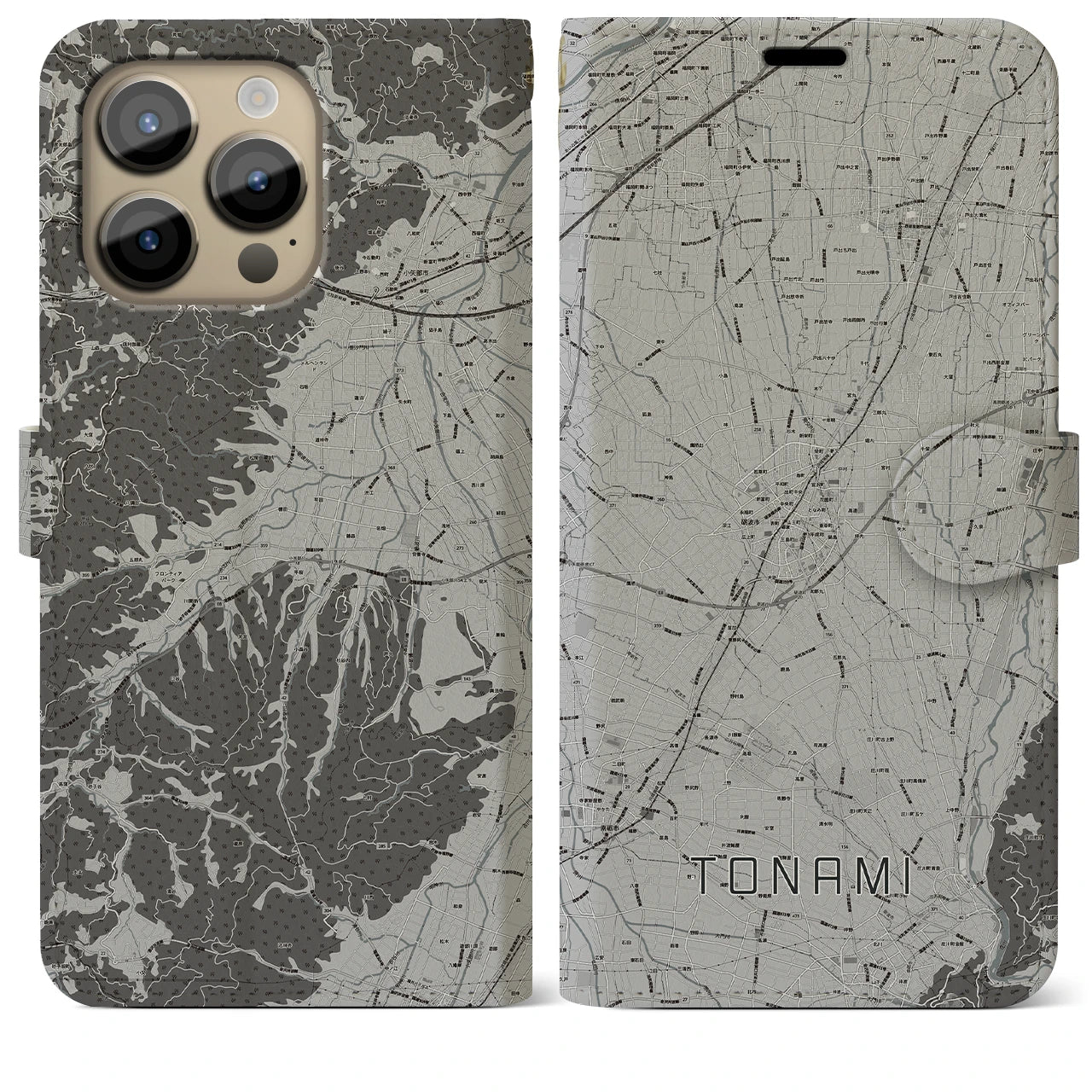 【砺波(富山県)】地図柄iPhoneケース(手帳タイプ)モノトーン・iPhone 14 Pro Max 用