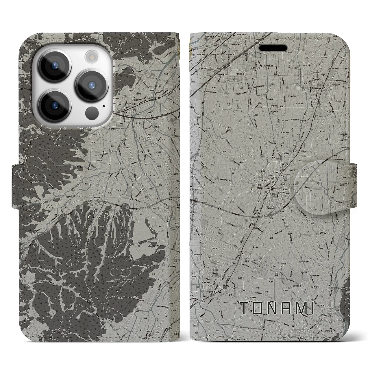 【砺波(富山県)】地図柄iPhoneケース(手帳タイプ)モノトーン・iPhone 14 Pro 用