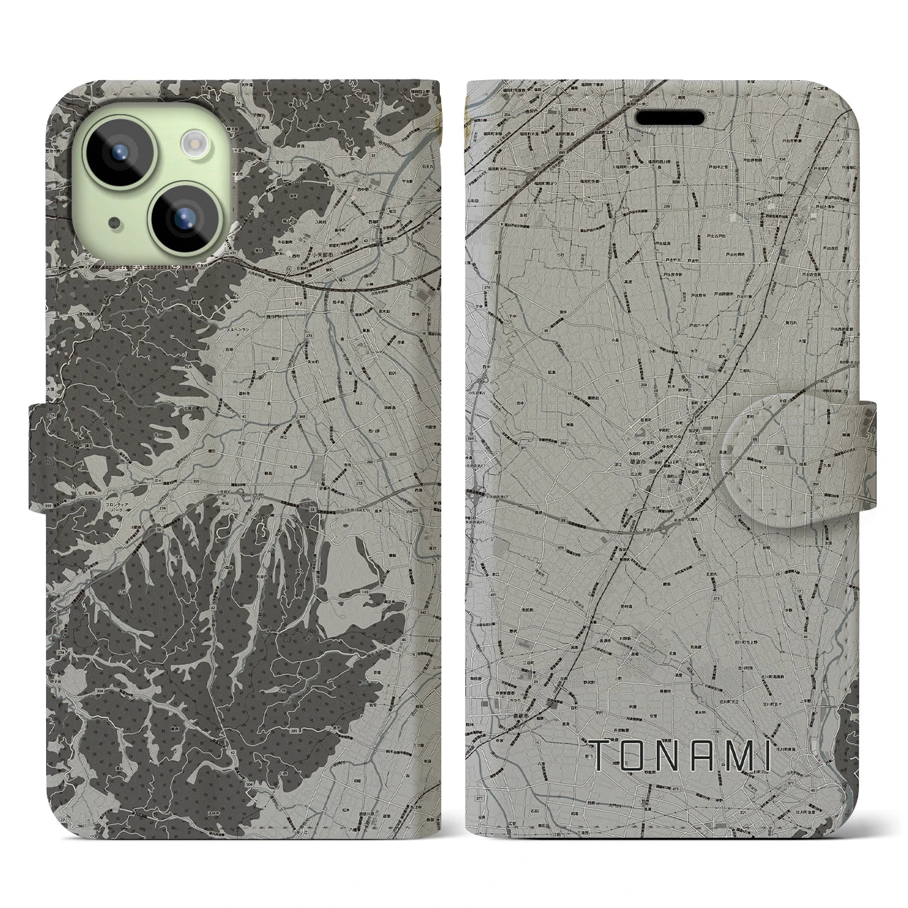 【砺波(富山県)】地図柄iPhoneケース(手帳タイプ)モノトーン・iPhone 15 用
