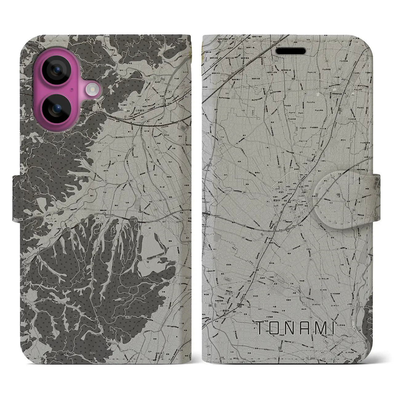 【砺波(富山県)】地図柄iPhoneケース(手帳タイプ)モノトーン・iPhone 16 Pro 用