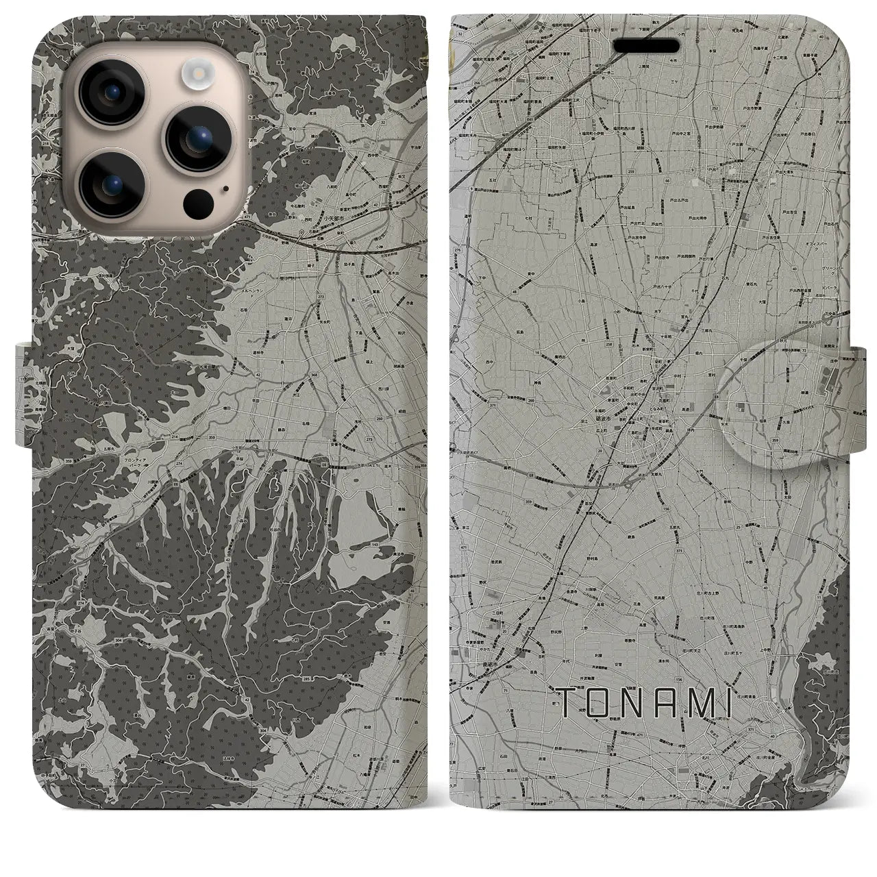 【砺波(富山県)】地図柄iPhoneケース(手帳タイプ)モノトーン・iPhone 16 Plus 用