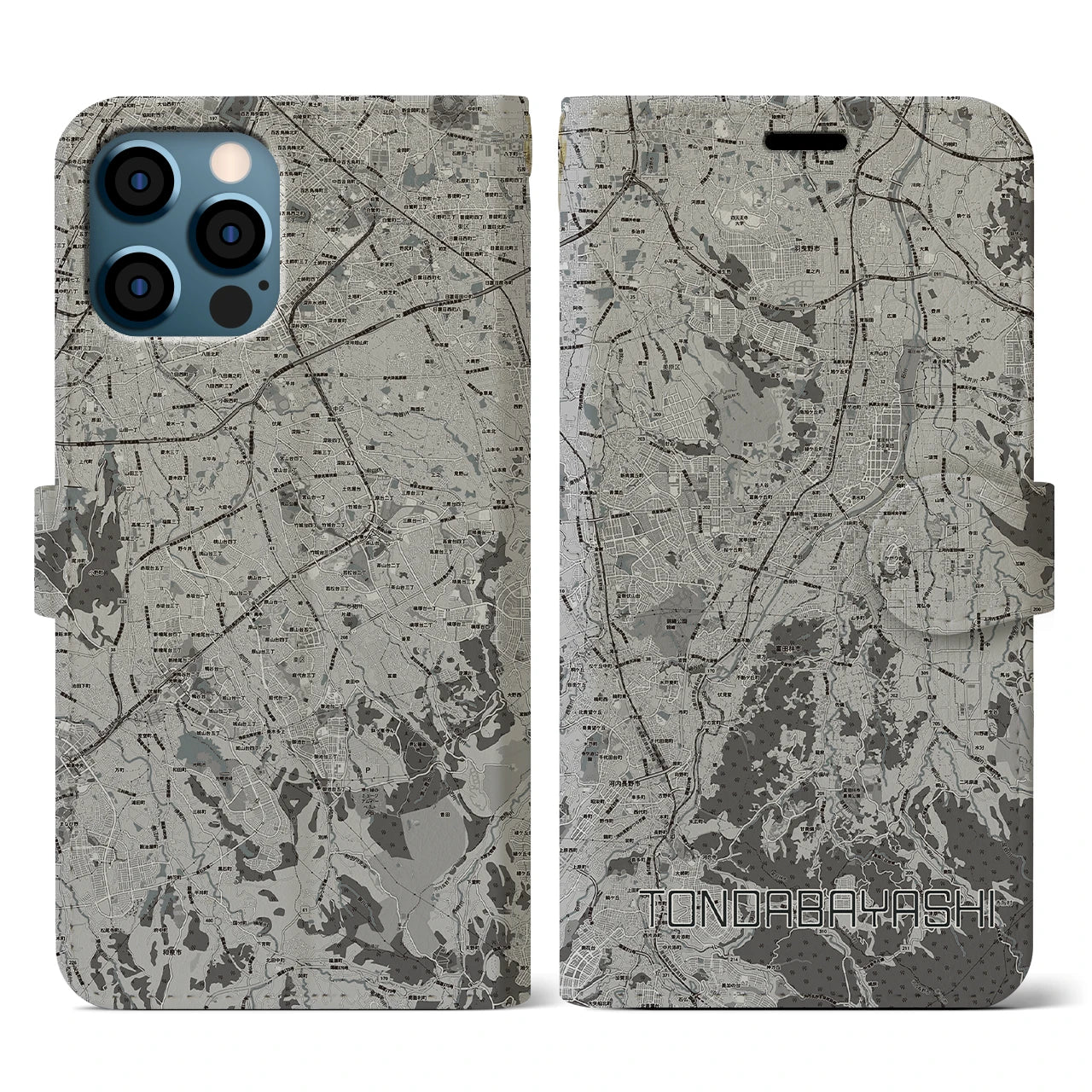 【富田林(大阪府)】地図柄iPhoneケース(手帳タイプ)モノトーン・iPhone 12 / 12 Pro 用