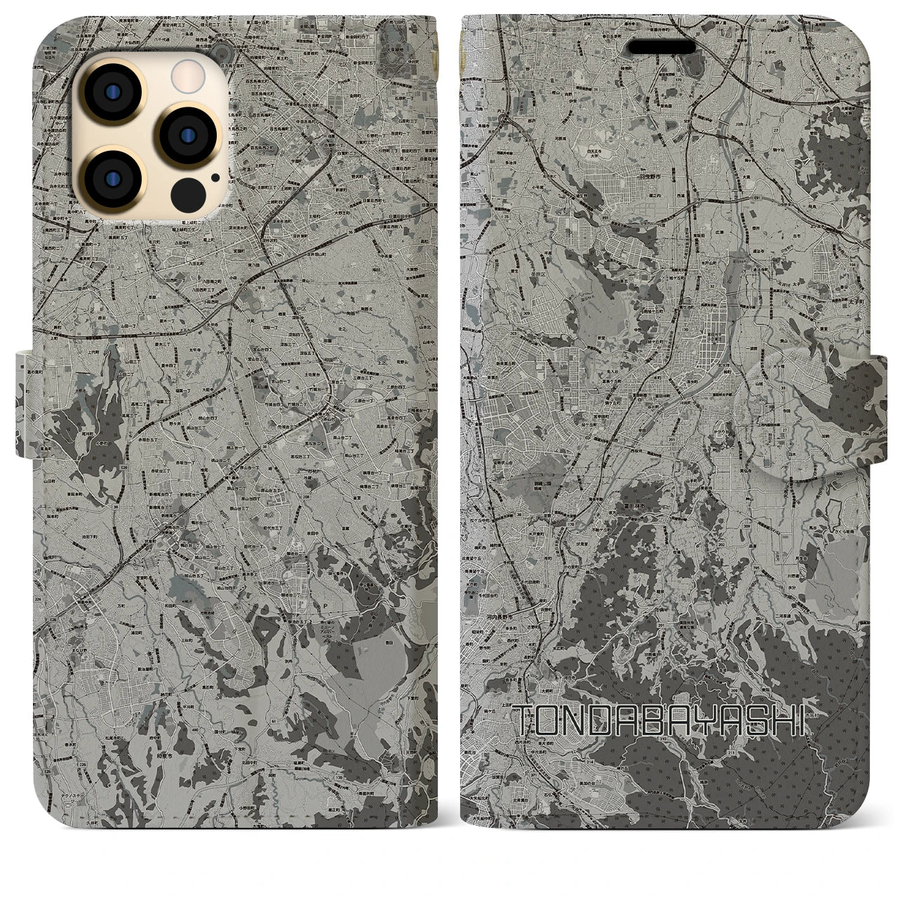 【富田林(大阪府)】地図柄iPhoneケース(手帳タイプ)モノトーン・iPhone 12 Pro Max 用