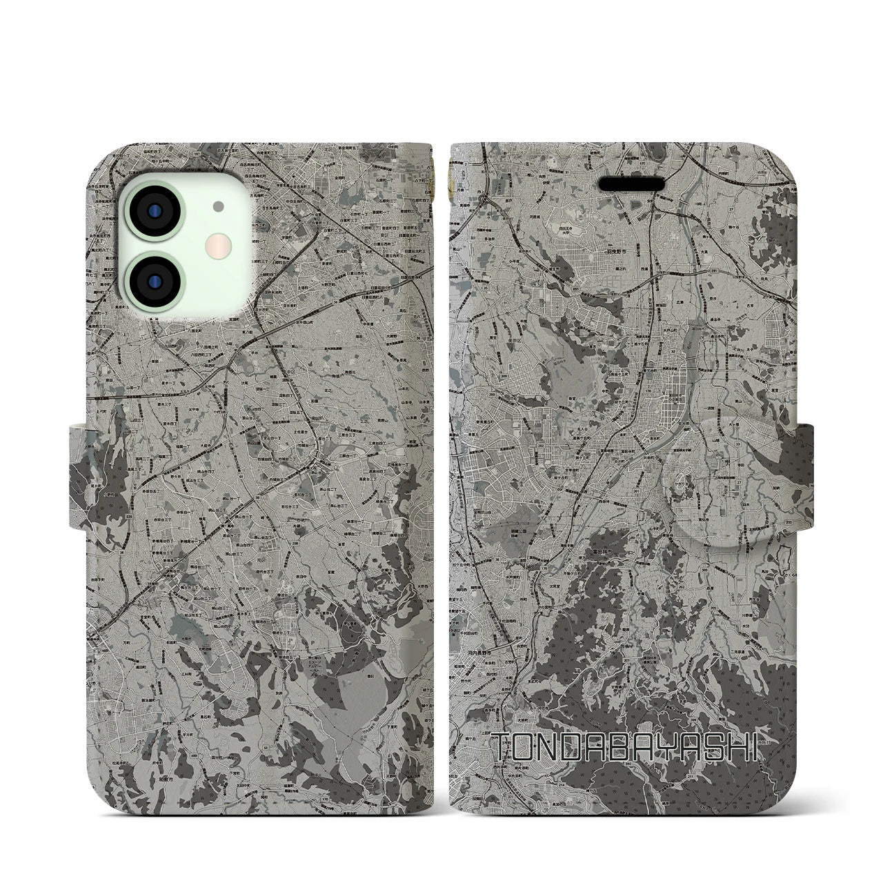 【富田林(大阪府)】地図柄iPhoneケース(手帳タイプ)モノトーン・iPhone 12 mini 用