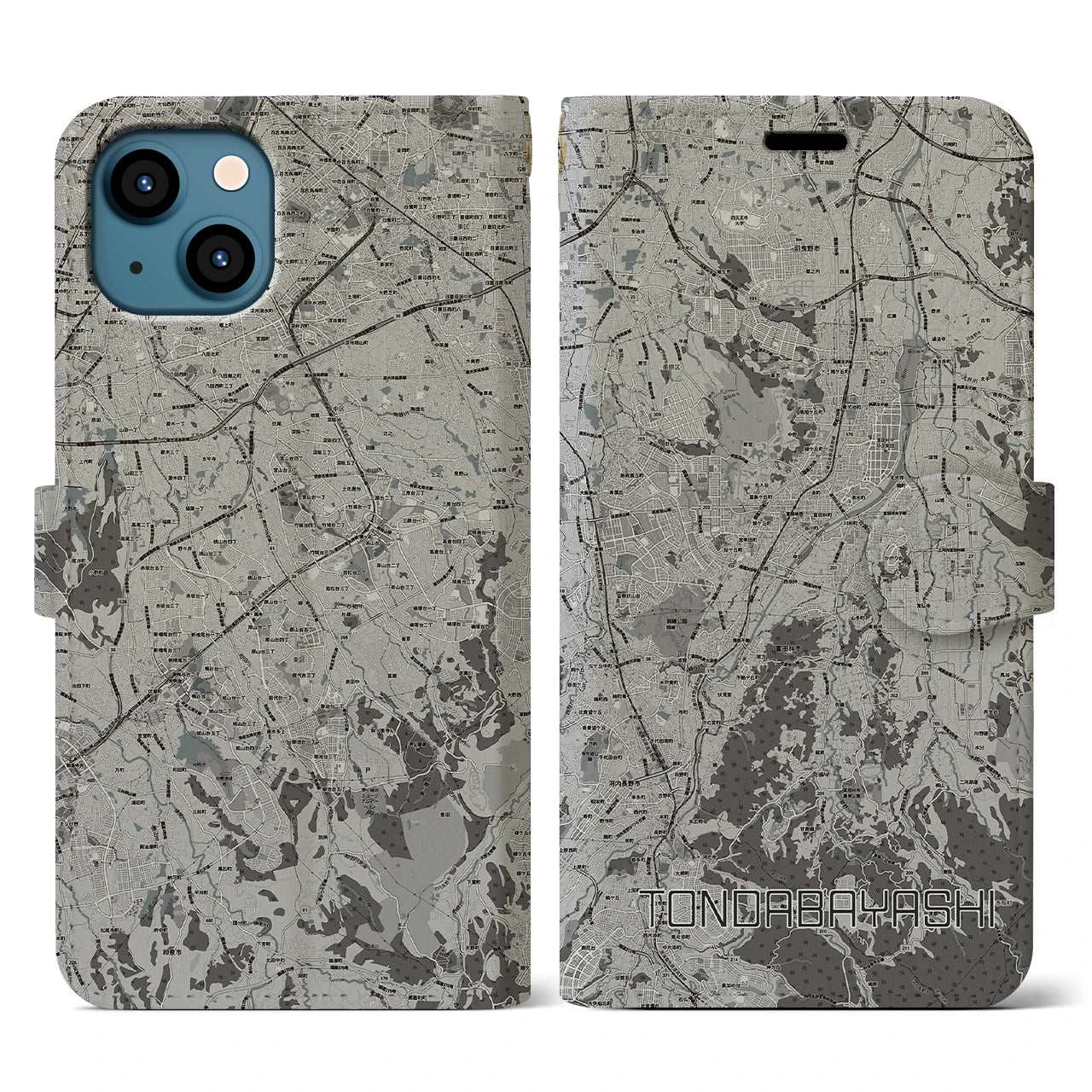 【富田林(大阪府)】地図柄iPhoneケース(手帳タイプ)モノトーン・iPhone 13 用