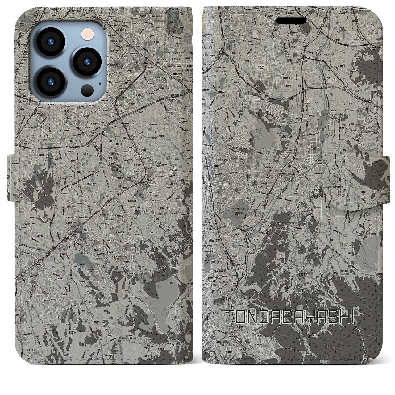 【富田林(大阪府)】地図柄iPhoneケース(手帳タイプ)モノトーン・iPhone 13 Pro Max 用