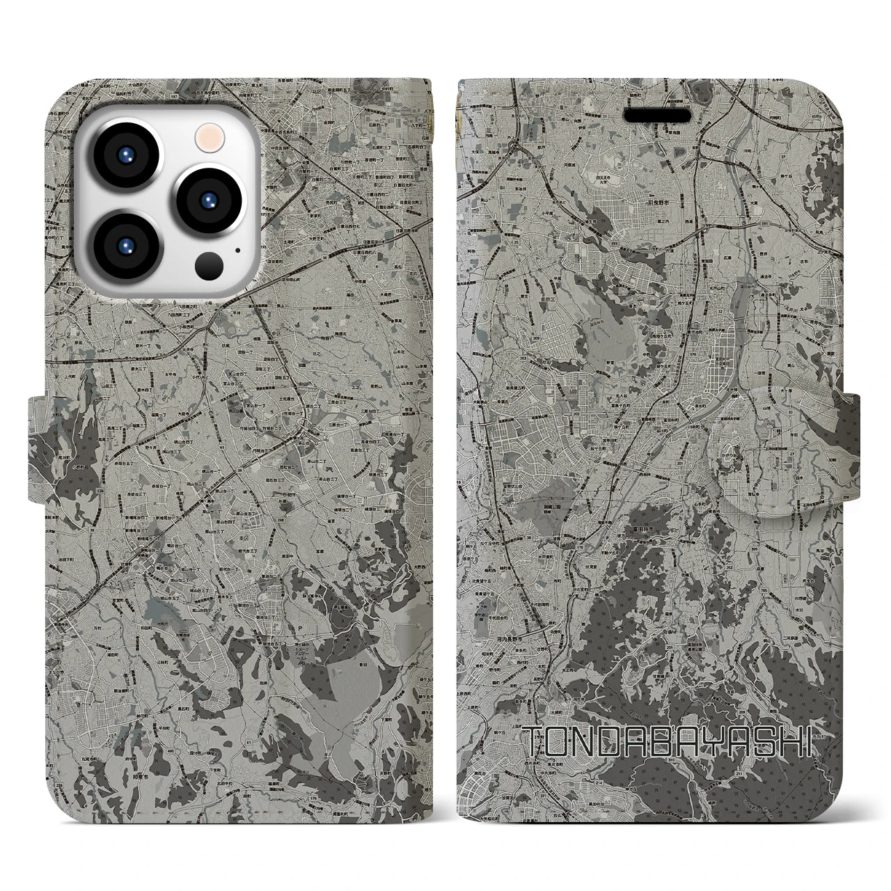 【富田林(大阪府)】地図柄iPhoneケース(手帳タイプ)モノトーン・iPhone 13 Pro 用