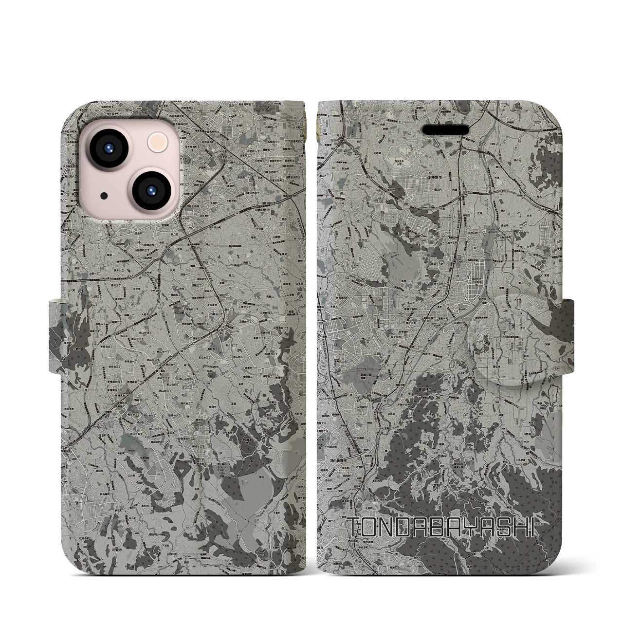 【富田林(大阪府)】地図柄iPhoneケース(手帳タイプ)モノトーン・iPhone 13 mini 用