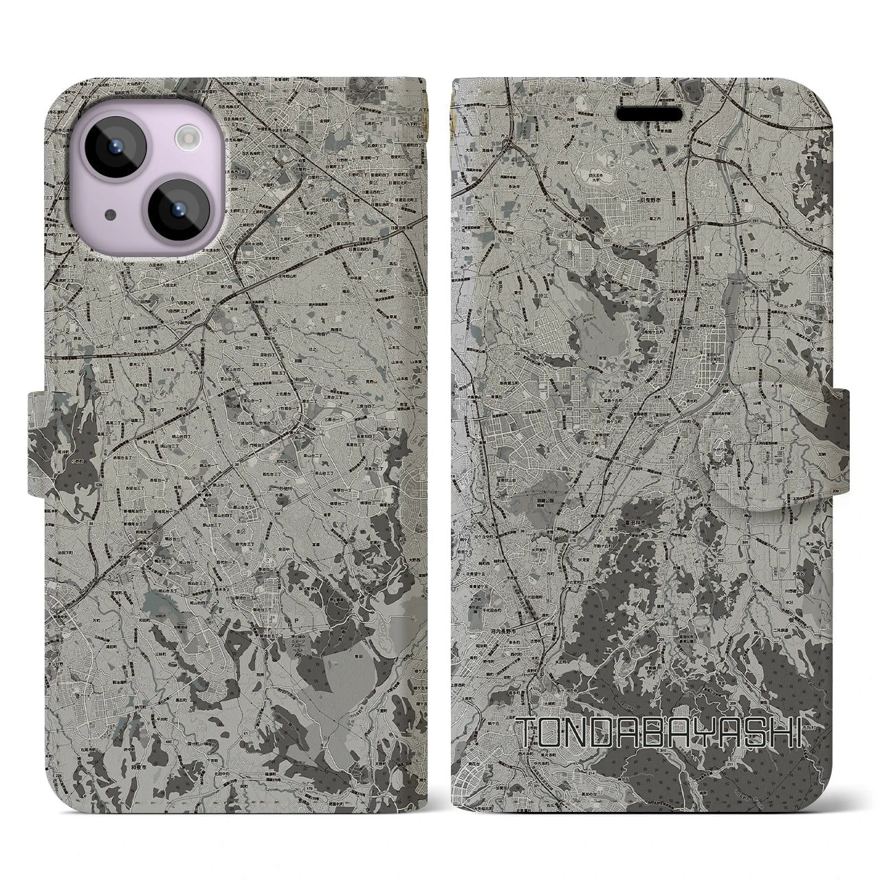 【富田林(大阪府)】地図柄iPhoneケース(手帳タイプ)モノトーン・iPhone 14 用