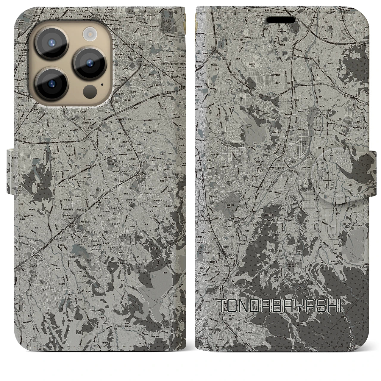【富田林(大阪府)】地図柄iPhoneケース(手帳タイプ)モノトーン・iPhone 14 Pro Max 用