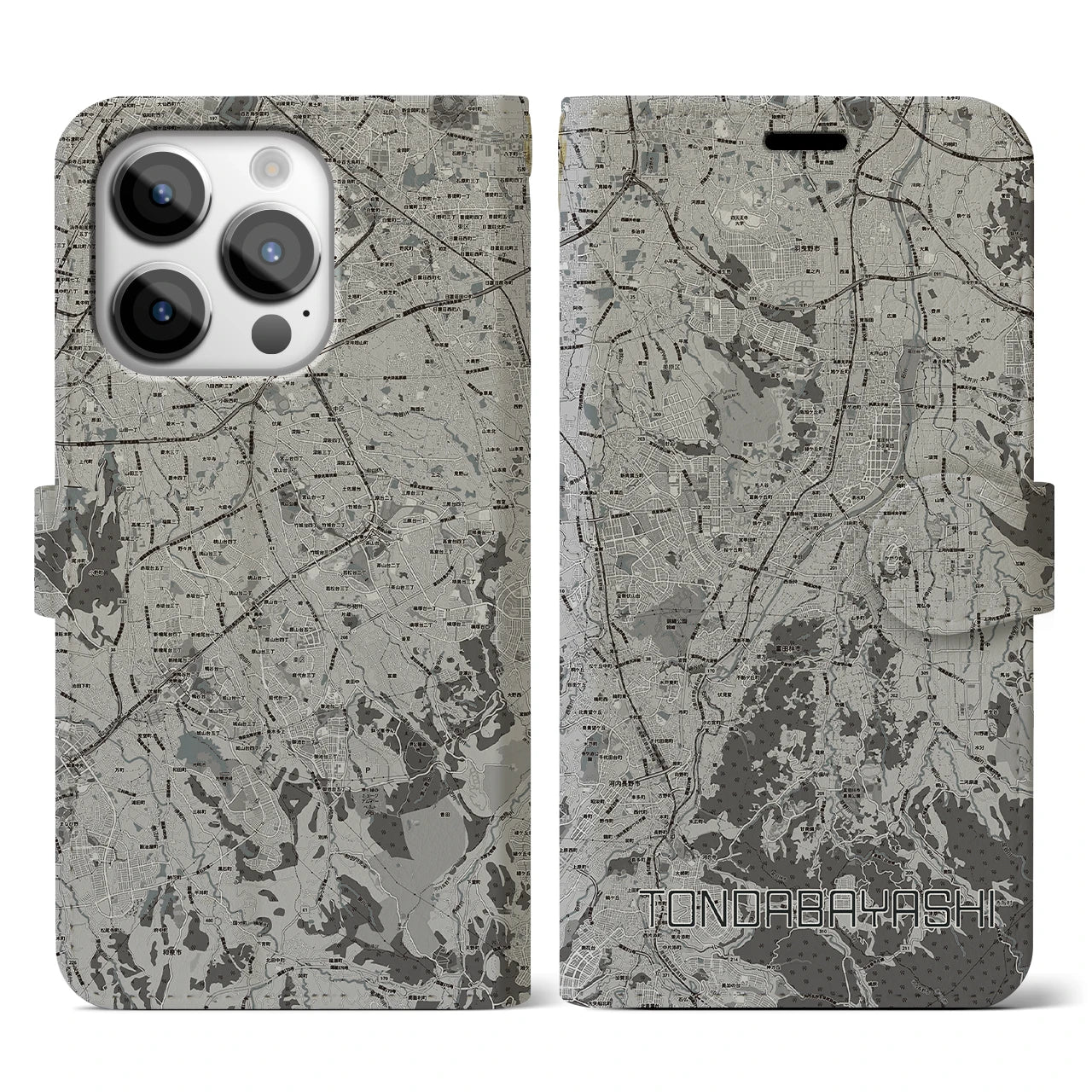 【富田林(大阪府)】地図柄iPhoneケース(手帳タイプ)モノトーン・iPhone 14 Pro 用