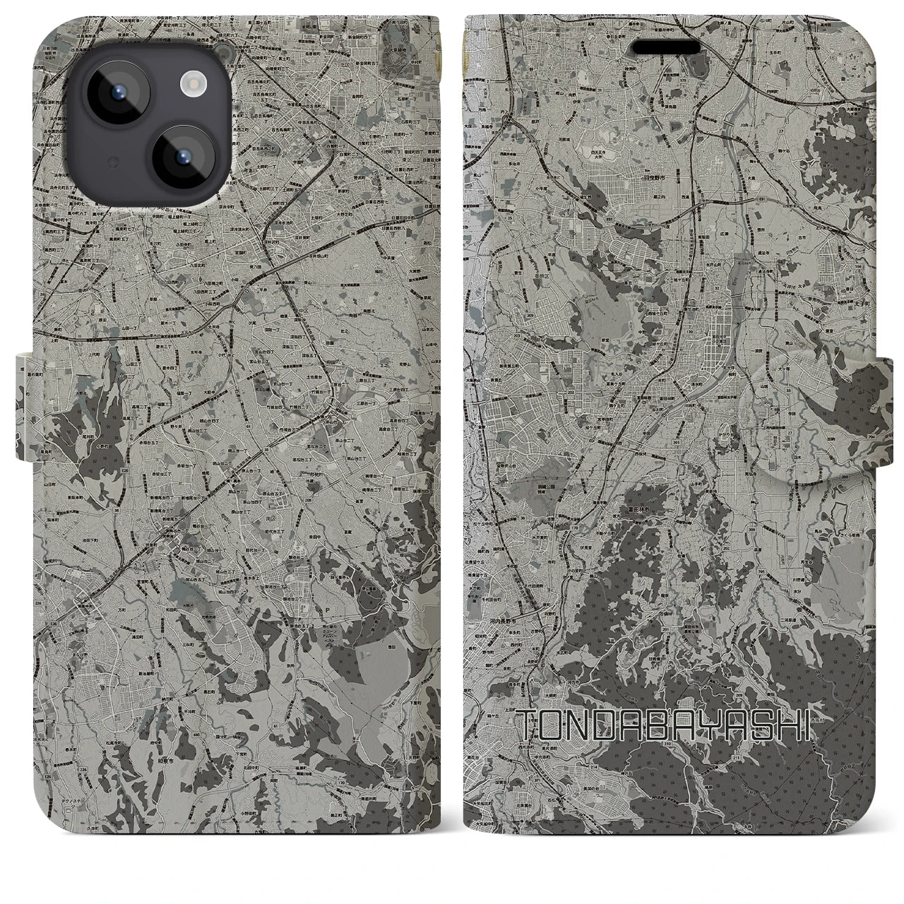 【富田林(大阪府)】地図柄iPhoneケース(手帳タイプ)モノトーン・iPhone 14 Plus 用