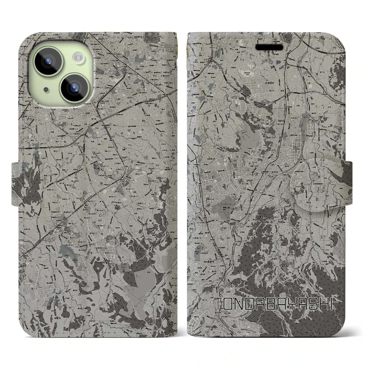 【富田林(大阪府)】地図柄iPhoneケース(手帳タイプ)モノトーン・iPhone 15 用