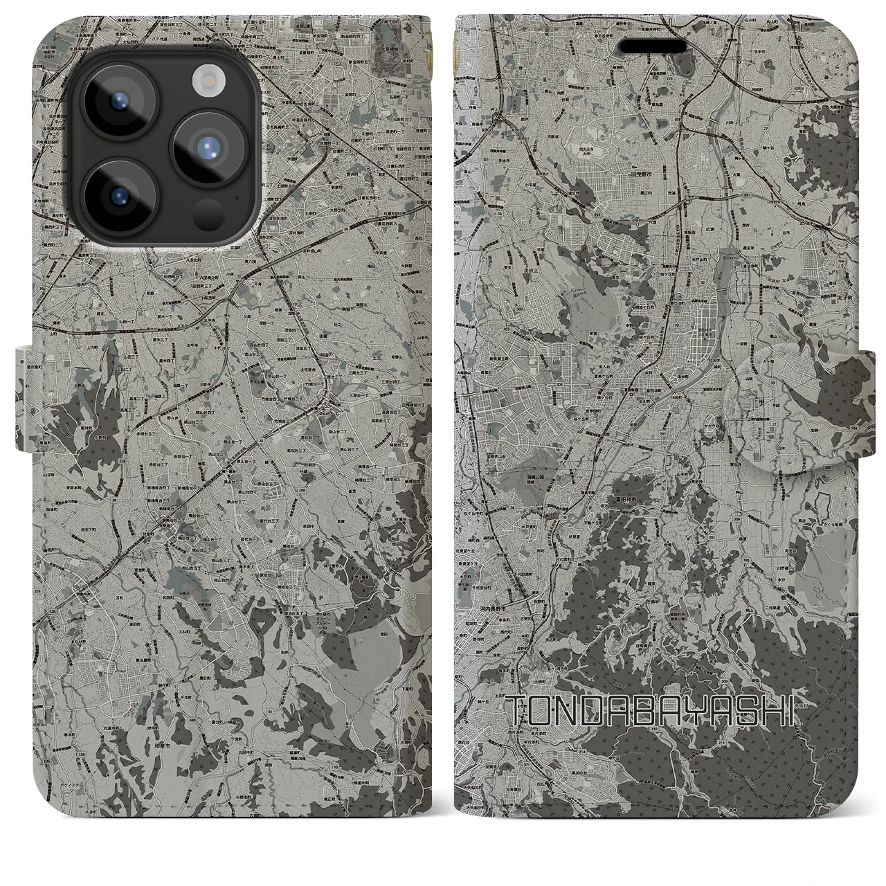 【富田林(大阪府)】地図柄iPhoneケース(手帳タイプ)モノトーン・iPhone 15 Pro Max 用