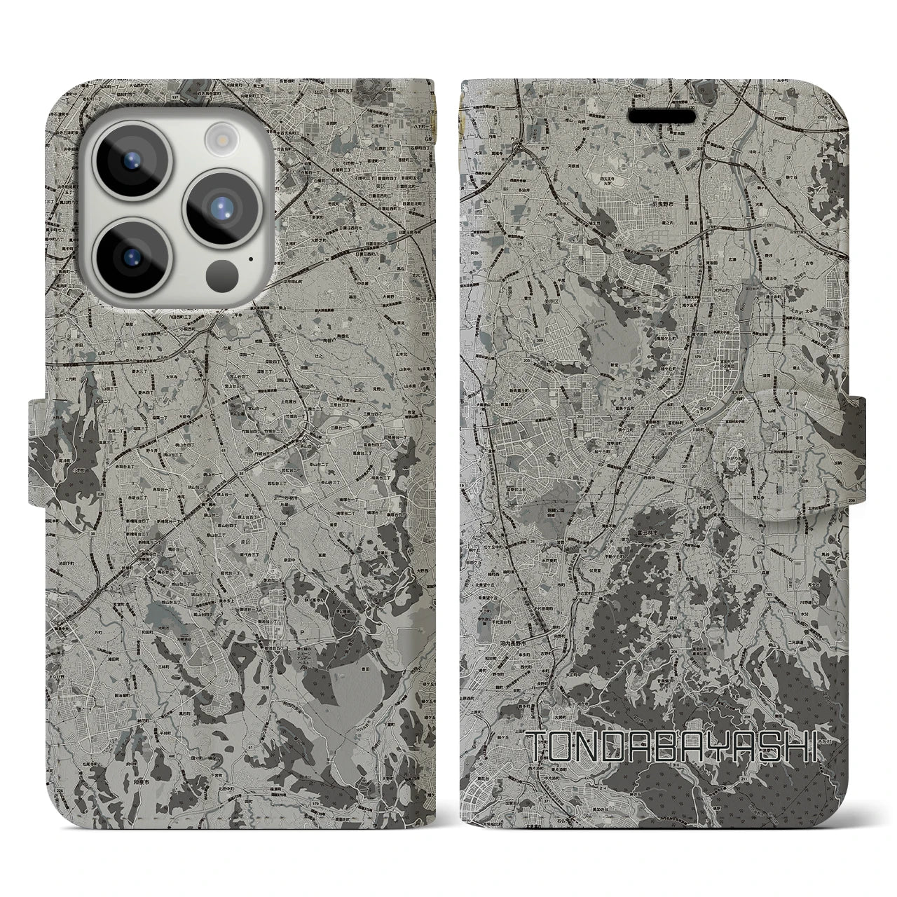 【富田林(大阪府)】地図柄iPhoneケース(手帳タイプ)モノトーン・iPhone 15 Pro 用