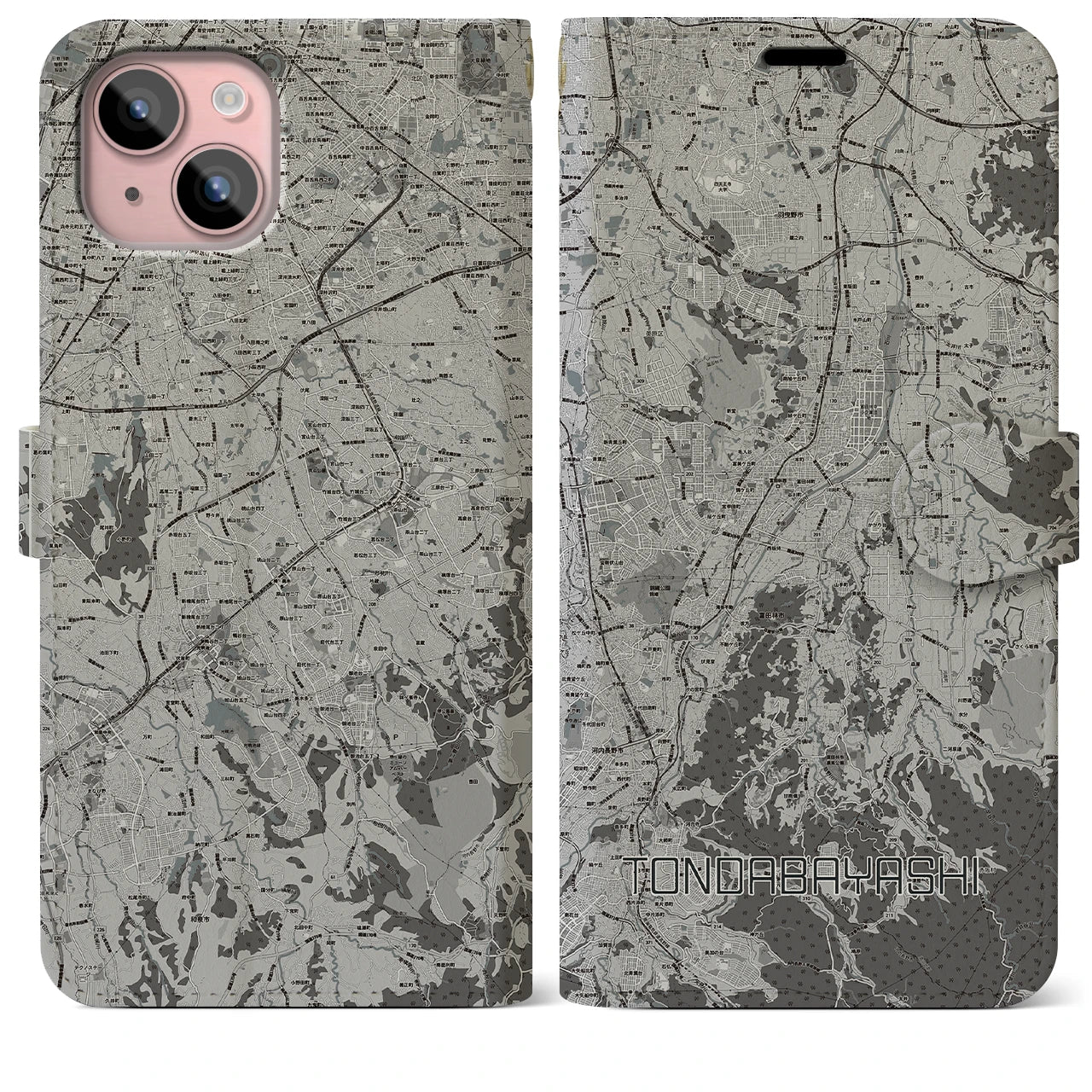 【富田林(大阪府)】地図柄iPhoneケース(手帳タイプ)モノトーン・iPhone 15 Plus 用