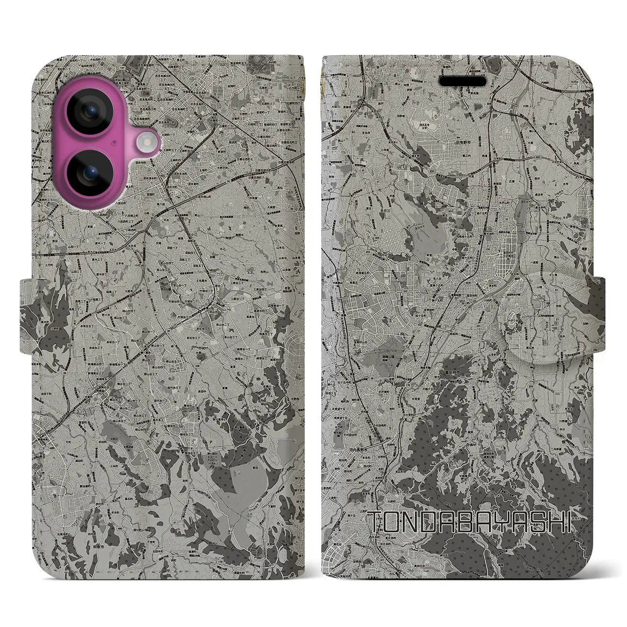 【富田林(大阪府)】地図柄iPhoneケース(手帳タイプ)モノトーン・iPhone 16 Pro 用