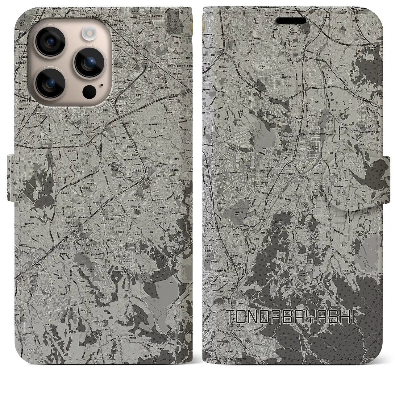 【富田林(大阪府)】地図柄iPhoneケース(手帳タイプ)モノトーン・iPhone 16 Plus 用