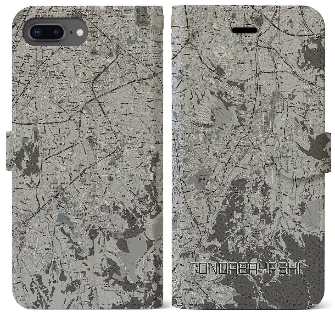 【富田林(大阪府)】地図柄iPhoneケース(手帳タイプ)モノトーン・iPhone 8Plus /7Plus / 6sPlus / 6Plus 用