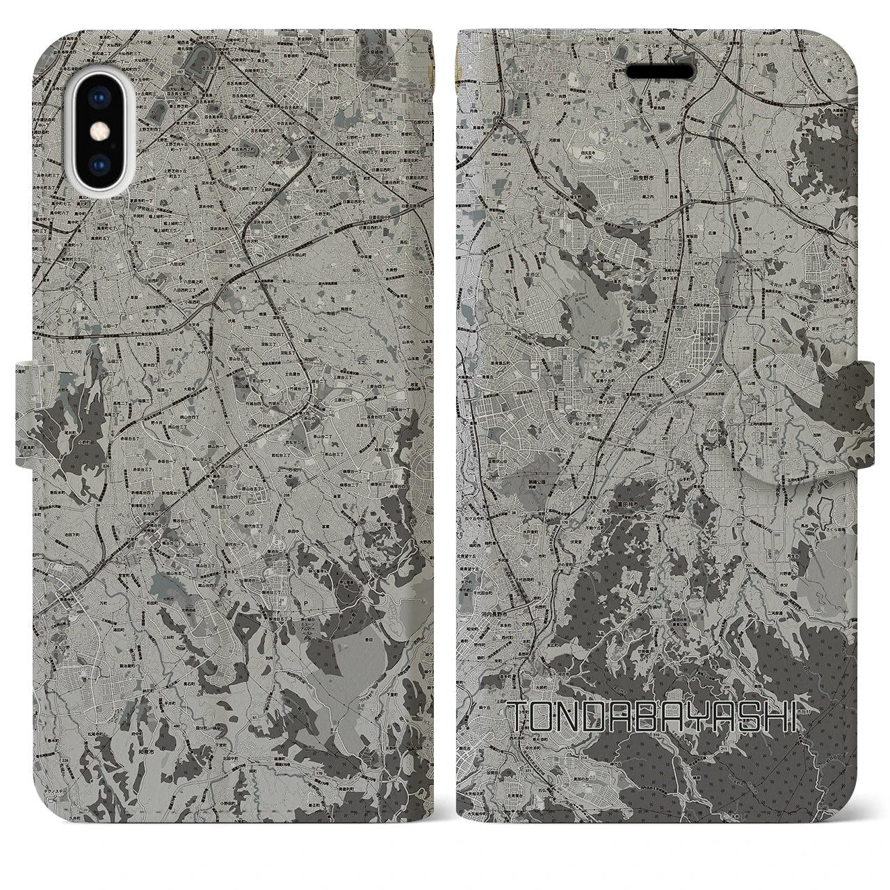 【富田林(大阪府)】地図柄iPhoneケース(手帳タイプ)モノトーン・iPhone XS Max 用
