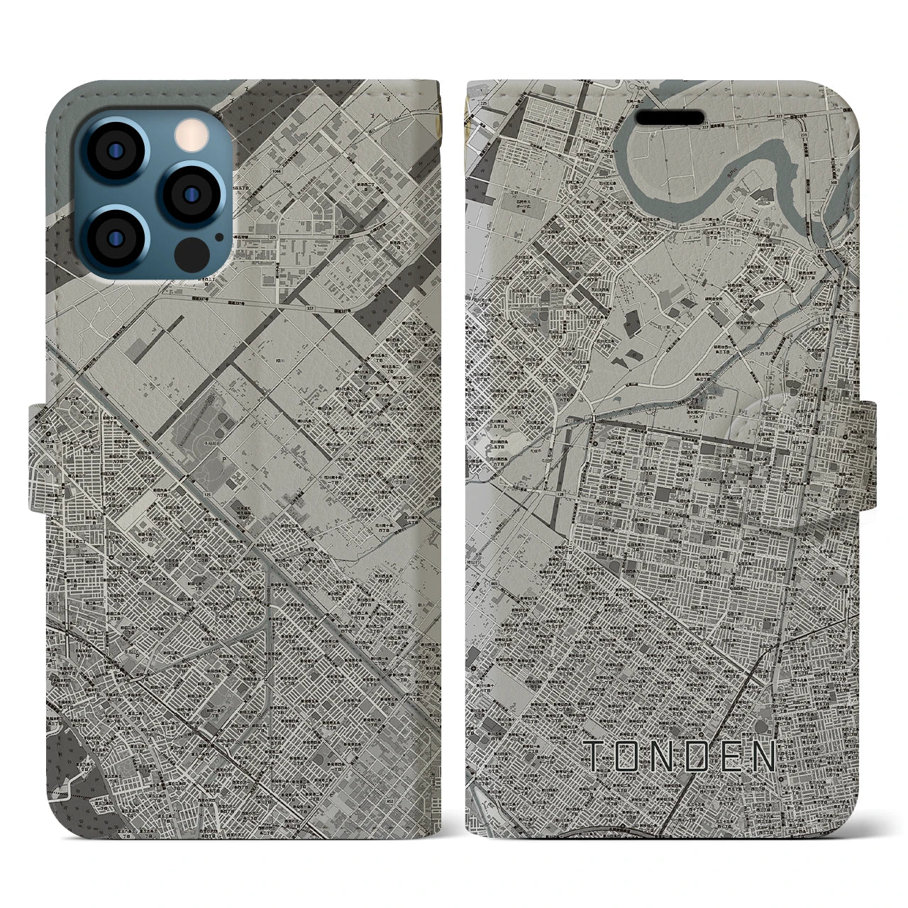 【屯田(北海道)】地図柄iPhoneケース(手帳タイプ)モノトーン・iPhone 12 / 12 Pro 用