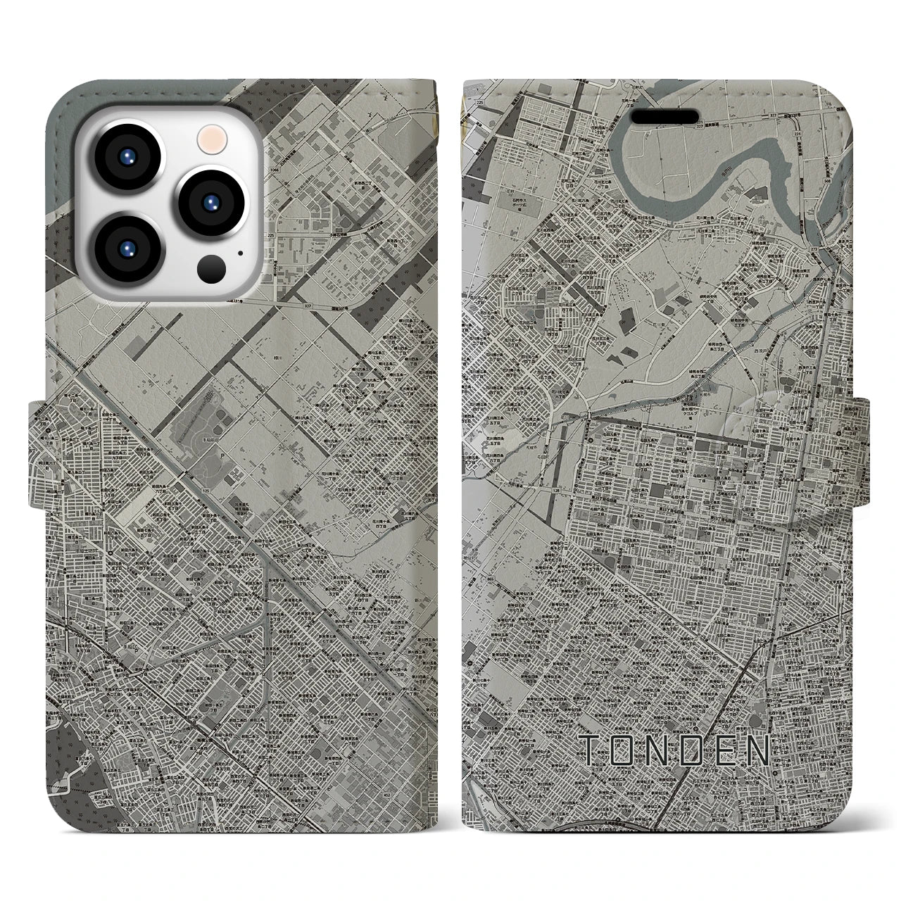 【屯田(北海道)】地図柄iPhoneケース(手帳タイプ)モノトーン・iPhone 13 Pro 用