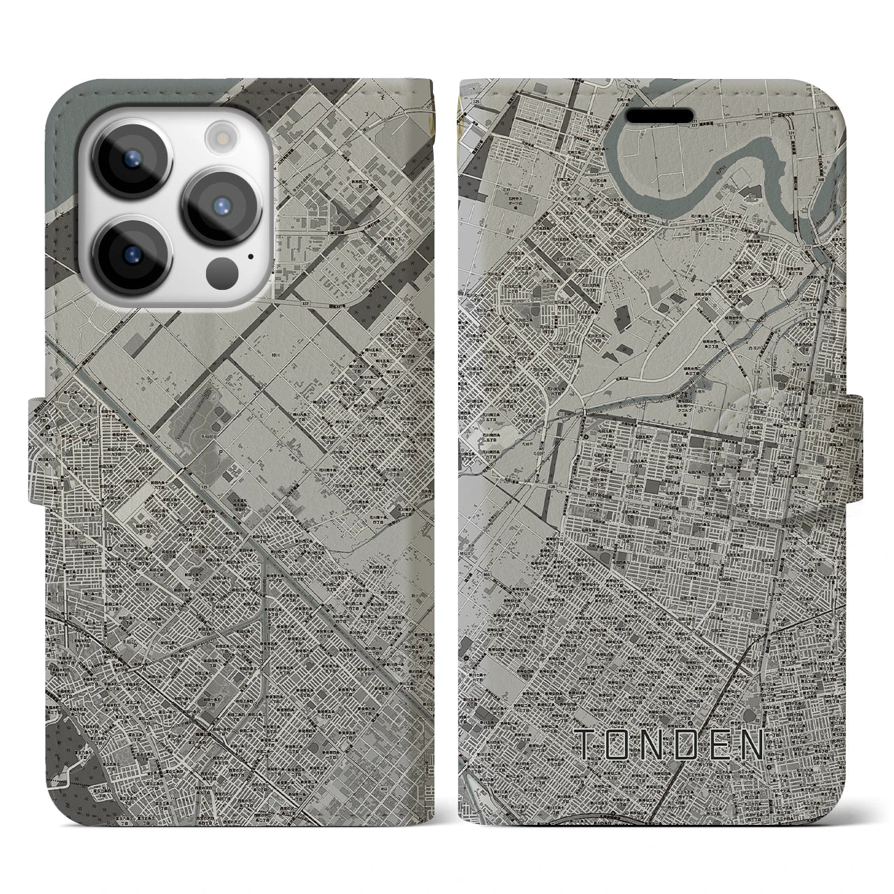 【屯田(北海道)】地図柄iPhoneケース(手帳タイプ)モノトーン・iPhone 14 Pro 用