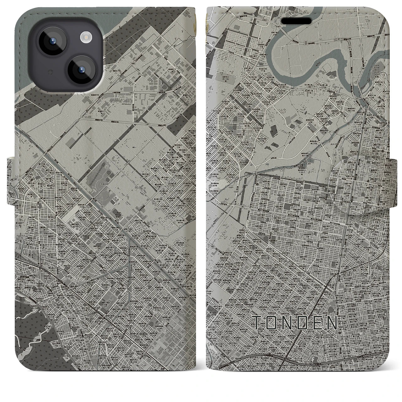 【屯田(北海道)】地図柄iPhoneケース(手帳タイプ)モノトーン・iPhone 14 Plus 用